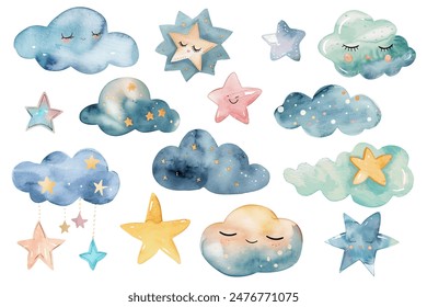 Set of watercolor clouds and stars. Wallpaper stickers. Childlike fantasy illustration. Nursery decoration.