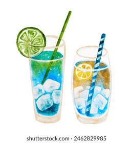Set watercolor cocktail drink, tropical beverage blue curacao with lime, summer party symbol