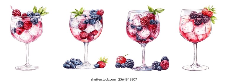 Set of watercolor cocktails in glass glasses with berries and ice cubes. Berry cocktails in glasses with raspberries, blueberries, strawberries, mint and ice cubes. Watercolor bar drinks.