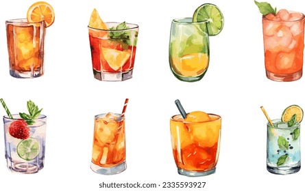 set of watercolor cocktails painting isolate on white background