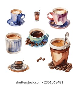 Set of watercolor coffee cup