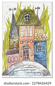 A set of watercolor color illustrations of old European houses with wooden doors, tiled roofs.