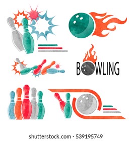 Set of watercolor colorful bowling logo, icons and symbols isolated on white. Bowling ball and pins vector illustration. Design elements.