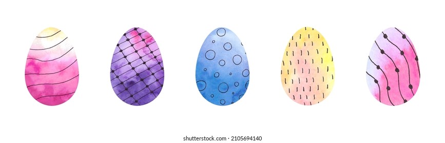 Set of watercolor  colorful eggs on white background. Vector illustration.