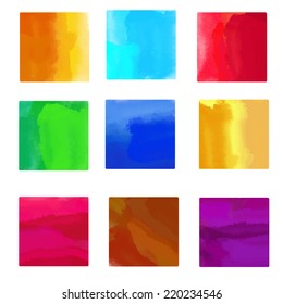 Set watercolor colorful rainbow backgrounds, blocks, square paint stains isolated. Frames. Art abstract