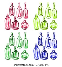 Set of watercolor colorful silhouettes bottles. Vector background.  Glass.