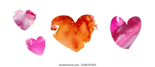 Set of watercolor colorful vector splash shapes hearts isolated. Elements for wallpaper, cover, postcard, banner, fabric prints, textiles, packaging, blog, invitation. Happy Valentine's Day. Eps 10