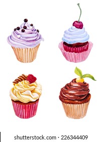 Set of watercolor cupcakes. Hand drawn on textured paper. Retro style. Vector illustration.