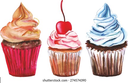 A set of watercolor cupcakes, scalable vector graphic