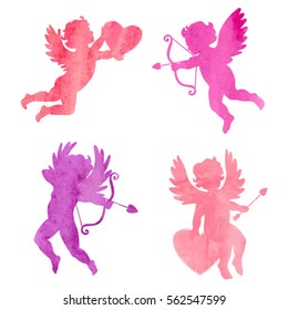 Set of watercolor Cupids isolated on white. Cute angels. Valentines Day design. Vector illustration.