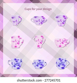 Set of watercolor cups. Vector.