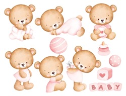Set Of Watercolor Cute Baby Girl Bear 