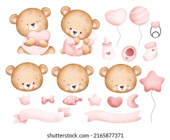 Set of Watercolor cute baby girl bear 