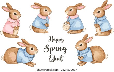 Set of Watercolor cute Peter Rabbits in red and blue jacket