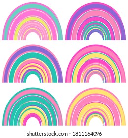 Set of watercolor cute rainbows isolated on a white background. Cartoon rainbows in bright colors.