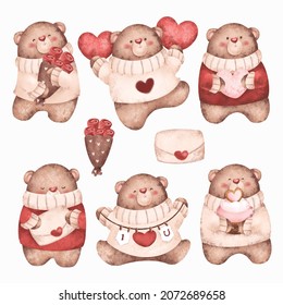 Set of watercolor cute valentine bear 