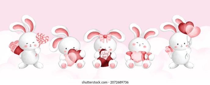 Set of watercolor cute valentine rabbit 