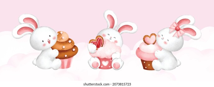 Set of watercolor cute valentine rabbit 