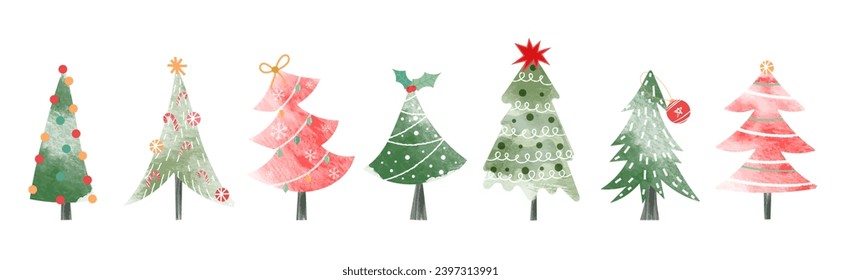 Set of watercolor decorative christmas tree vector illustration. Elements of ornamental balls, decorative light, star, candy cane, holly. Design for card, comic, print, poster, banner, decoration.