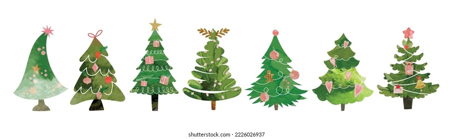 Set of watercolor decorative christmas trees vector illustration. Elements of ornamental balls, garland, star, presents, holly, pine leaves. Design for card, comic, print, poster, banner, decoration.