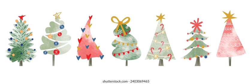 Set of watercolor decorative christmas trees vector illustration. Elements of ornamental balls, star, ribbon, heart, candy cane. Design for card, comic, print, poster, banner, decoration.