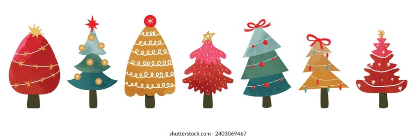 Set of watercolor decorative christmas trees vector illustration. Elements of ornamental balls, star, ribbon, snowflake, decorative light. Design for card, comic, print, poster, banner, decoration.