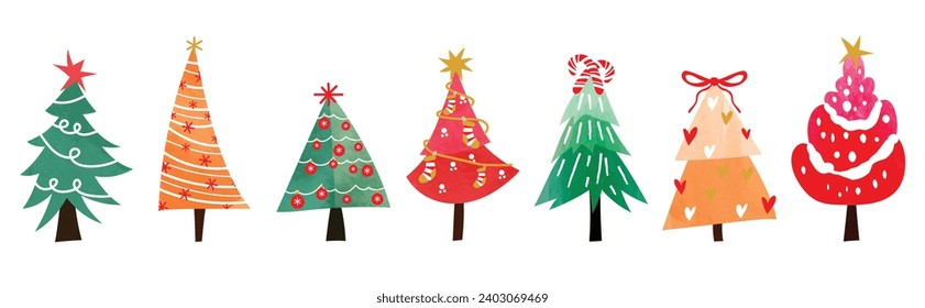 Set of watercolor decorative christmas trees vector illustration. Elements of ornamental balls, star, ribbon, sock, heart. Design for card, comic, print, poster, banner, decoration.