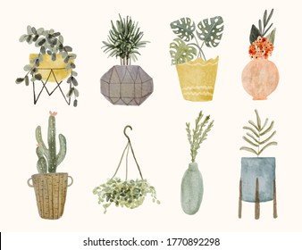 set of watercolor decorative plant in pot