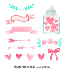 Set of watercolor design elements for Valentine Day card or wedding invitation. Vector illustration.