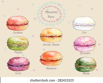 Set of watercolor different taste french macaroons,collection of variation colorful french macarons,vector art image illustration, isolated on vintage background.Beautiful vintage card.