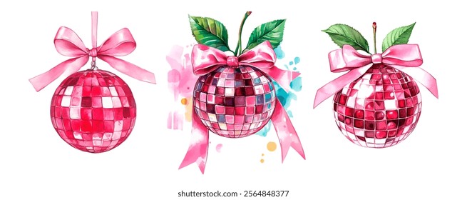 A set of watercolor disco balls in the form of cherries png. Watercolor pink disco balls with cherry branch on transparent background. Vintage retro elements for collages.