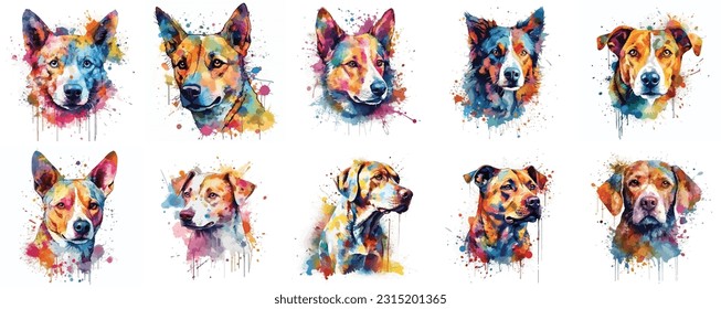 Set of watercolor dog faces, colorfull dog portrait isolated on white background. dog paint splash icons. set of colorfull paint splash dogs. 