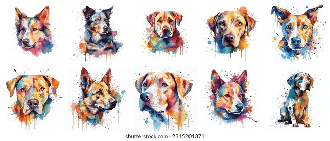 Set von Aquarell-Hundegesichtern, buntes Hundeportrait einzeln auf weißem Hintergrund. Hund malen Splash-Symbole. Set von farbigen Lack-Hunden. 