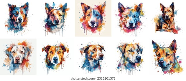 Set of watercolor dog faces, colorfull dog portrait isolated on white background. dog paint splash icons. set of colorfull paint splash dogs. 