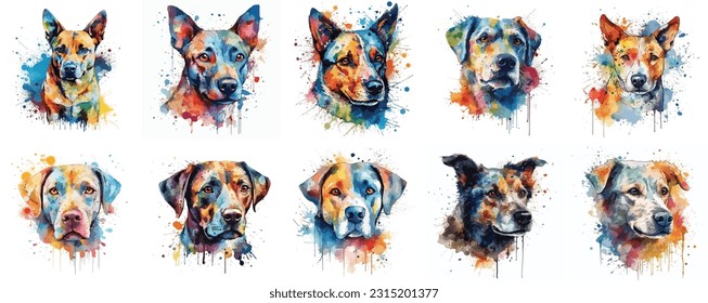 Set von Aquarell-Hundegesichtern, buntes Hundeportrait einzeln auf weißem Hintergrund. Hund malen Splash-Symbole. Set von farbigen Lack-Hunden. 