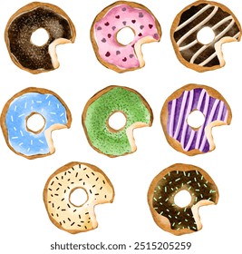 Set of Watercolor Donut Illustration. Doughnut. Bakery