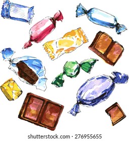 set of watercolor drawing candy, sketch at white background, chocolate, sweets, toffees, candies and caramel, hand drawn design elements