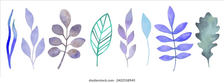 Set of watercolor drawings of blue foliage.Botanical clipart in winter colors. Simple minimalistic varied shapes for design of cards, invitations, fabrics. Hand drawn isolated art.Vector.