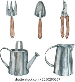 Conjunto de desenhos aquarela de ferramentas para o jardim vegetal isolado em um fundo branco. Utensílios de metal. Poda, pá, ancinho, jarro, regador.