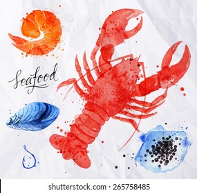 Set watercolor drawn seafood, caviar, mussels, shrimp, shell, hook on crumpled paper