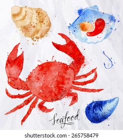 Set watercolor drawn seafood, crab, clams, mussels, oysters, shell, hook on crumpled paper