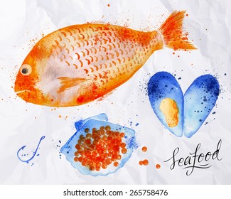 Set watercolor drawn seafood, fish, red caviar, mussel, shell, seafood, spray, hook on crumpled paper