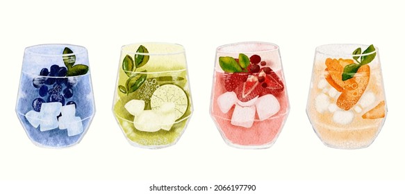 Set of watercolor drinks cocktail illustration on a white background