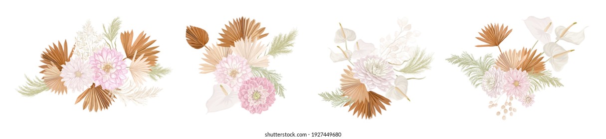 Set of watercolor dry flowers vector set. Pampas grass, dried palm leaves, dahlia, lunaria flower illustration. Floral design elements for wedding invitation, modern decoration, boho summer frame