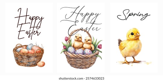 Set of watercolor Easter cards. Cute chicks in a basket, eggs in a basket and a baby chick. Watercolor Easter symbols. Easter concept. Vector illustration.