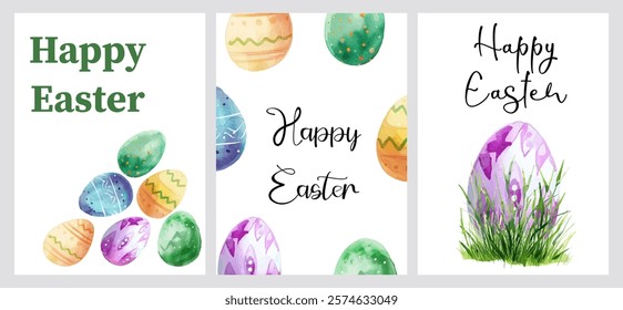 Set of watercolor Easter cards. Cute Easter eggs. Easter symbols. Perfect for poster, print, card, invitation, greeting, tag