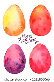 Set of watercolor easter eggs on white background. Vector illustration. Spring holiday card. Perfect for greeting card, invitation, postcard, print.