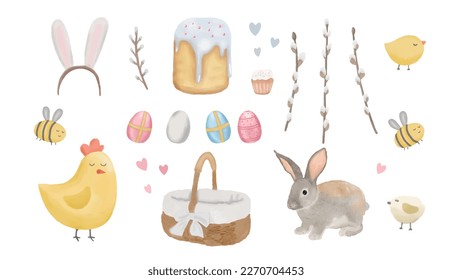 Set of watercolor Easter items. Easter cake, cart, egg, bee, flower on a white background