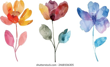 Set of watercolor elegant flowers, isolated for design clipart