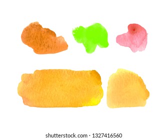 Set of watercolor elements in bright colors. Vector textured illustration. Abstract aquarelle stains isolated on white background. Hand drawn paint blotch for your design, logo, emblem, banner. 
